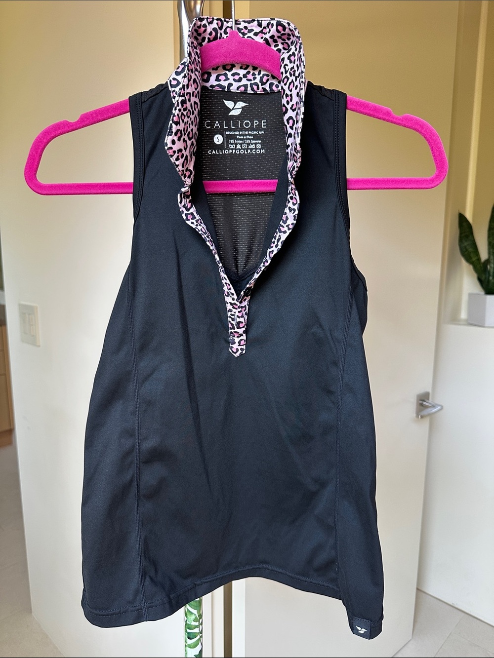 Calliope Black Racerback Polo with Pink Leopard Trim